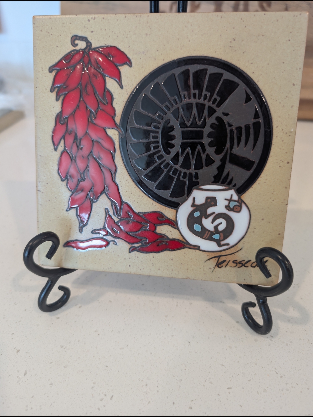 Decorative Ceramic Tile with Red Chili Ristra and Black Geometric Medallion